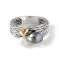 John Hardy 18kt gold Carved Chain freshwater pearl and Tahitian pearl multi row ring - Silver