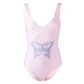 GANNI butterfly logo-print swimsuit - Pink