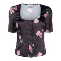 GANNI floral-print crinkled satin blouse - Black