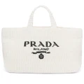 Prada logo-embroidered raffia tote bag - White
