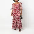Saloni floral-print silk long dress - Red