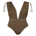 Balmain logo-embellished draped-detailing swimsuit - Brown