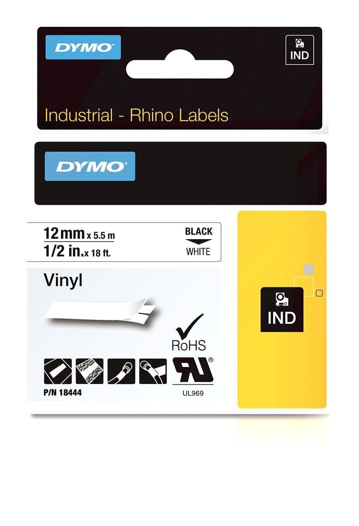 Dymo Industrial Vinyl Labels 12mm Black on White