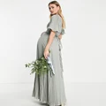 ASOS DESIGN Maternity Bridesmaid pleated flutter sleeve maxi dress with satin wrap waist in olive-Green