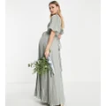 ASOS DESIGN Maternity Bridesmaid pleated flutter sleeve maxi dress with satin wrap waist in olive-Green