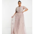 ASOS DESIGN Curve Bridesmaid pearl embellished flutter sleeve maxi dress with floral embroidery in rose-Pink