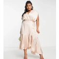 ASOS DESIGN Curve satin wrap midi dress with ruched detail in blush-Pink