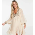 ASOS DESIGN Maternity blouson sleeve mini dress with floral embellished bodice detail in stone-White