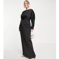 ASOS DESIGN Curve satin maxi dress with batwing sleeve and wrap waist in black