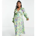 ASOS DESIGN Curve satin button through midi tea dress in green base floral print-Multi