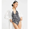ASOS DESIGN Petite gathered plunge swimsuit in mono spot print-Multi