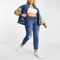 PIECES Kesia high-waisted distressed Mom jeans in mid wash blue