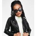 Miss Selfridge Petite faux-leather biker jacket in black