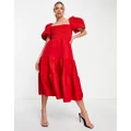 ASOS DESIGN shirred puff sleeve tiered prom midi dress in red