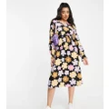 Pieces exclusive v neck smock dress in pink 70s floral-Multi