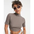 Reebok high neck ribbed crop top in taupe brown