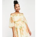 ASOS DESIGN Petite off shoulder mini dress with blouson sleeve in self stripe in meadow floral-Multi
