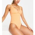 Accessorize plunge front with mesh insert ribbed swimsuit in coral-Orange