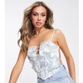 Missguided corset top with lace trim in blue porcelain print