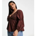ASOS DESIGN Curve v neck crochet top with frill sleeve and peplum hem in chocolate-Brown