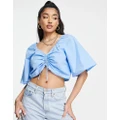 Pieces poplin wide sleeve ruched top in blue