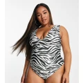 ASOS DESIGN Curve plunge swimsuit in zebra print-Multi