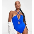 ASOS DESIGN Petite ruched keyhole front swimsuit in cobalt blue