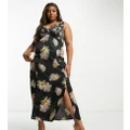 ASOS DESIGN Curve satin cami midi dress with side splits and button detail in dark floral-Multi