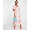 Vila midi dress with v neck in pastel abstract print-Multi