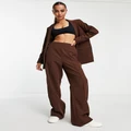 Pieces high waisted wide leg tailored pants in chocolate (part of a set)-Brown