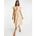 ASOS DESIGN frill sleeve gold ring soft prom midi dress in stone-Neutral