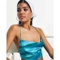 Pull & Bear satin cropped open back top in turquoise print-Blue