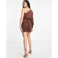 AX Paris slinky one shoulder ruched mini dress in chocolate-Brown