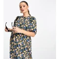 ASOS DESIGN Maternity short sleeve smock mini dress in black floral and spot print-Multi