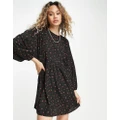 Daisy Street relaxed smock mini dress in 90s ditsy red floral-Black