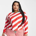 ASOS DESIGN Curve Christmas stripe slouchy sweat & shorts pyjama set in red & white-Multi