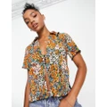 Monki button front plisse shirt in rainbow floral-Multi