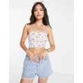 Monki ruched front strapless top in beige floral print-Neutral