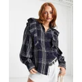 Vila long sleeve button down shirt with shoulder ruffles in navy check