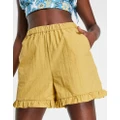 Vila shorts with frill hem in tan-Brown