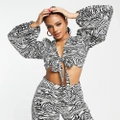In The Style x Yasmin Devonport exclusive tie front cropped shirt in zebra print (part of a set)-Multi