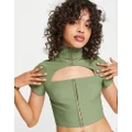 Daisy Street high neck cut out fitted top in sage (part of a set)-Green