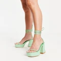 Simmi London Kenia lace up platform block heels in sage croc-Green