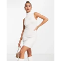Pieces exclusive fluffy sleeveless roll neck mini dress in white