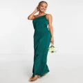 Vila Bridesmaid satin strappy one shoulder maxi dress in deep green