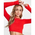 Monki off the shoulder cropped halter knitted top in red