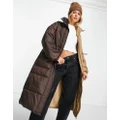 Vila spliced longline padded coat in brown and beige