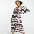 Monki satin wrap midi dress in blurred abstract print-Multi