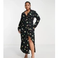 ASOS DESIGN Curve ruched front button up wrap shirt midi dress in black floral print-Multi