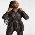 New Look faux leather belted shacket in dark brown